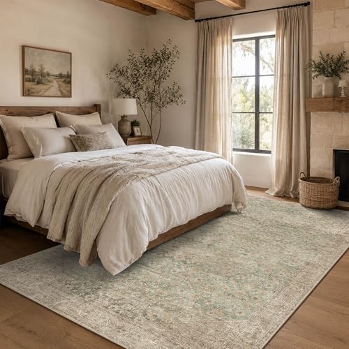 5x7 Washable Boho Area Rug, Nonslip Beige Green for Bedroom Nursery - Image 3
