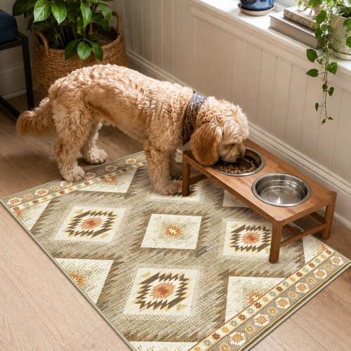 Area Rug 2x3 Rug Machine Washable Non-Slip Low Pile Print Pattern Western Rug for Living Room Bedroom Entryway Tribal Series -Cream/Camel - Image 3