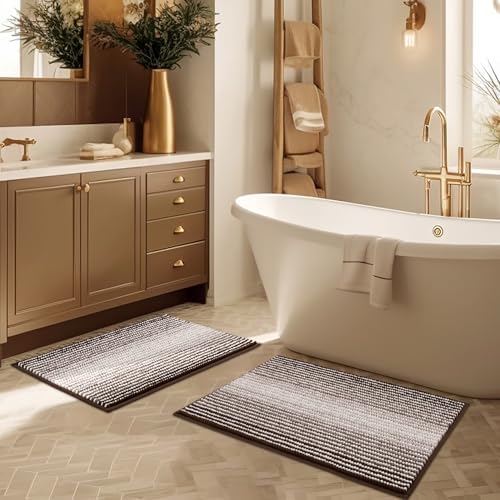 BSICPRO Bathroom Rugs Sets 2 Piece, Non Slip Striped Bath Mats, Brown by BSICPRO
