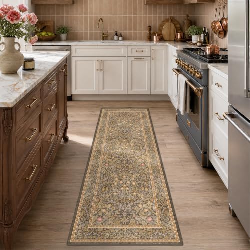 Washable Runner Rug Non Slip 2x6, Gold Brown Runner Rug for Kitchen, Bathroom, Entryway, Hallway, Laundry Room, Bedroom Bedside, Vintage Floral Stain Resistant Soft Low Pile Carpet by HazoHaus