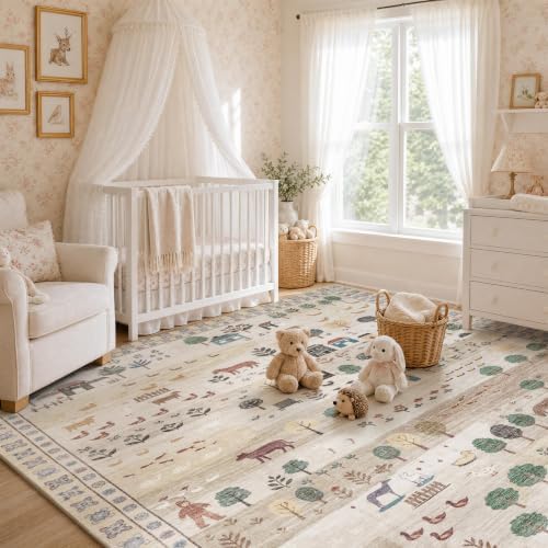 Machine Washable Area Rug 8x10 Ft, Whimsical Rug, Vintage Farmhouse, Beige - Image 6