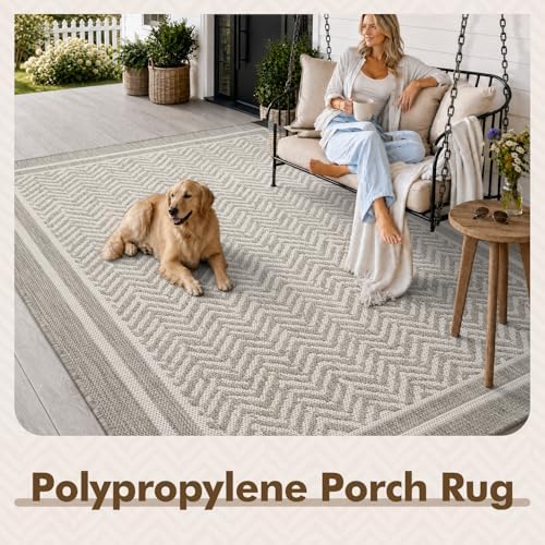 MontVoo-Outdoor Rug-Patio Rug 4x6 Polypropylene Indoor Outdoor Rugs Outdoor Carpet for Patio Deck Balcony Porch, Textured Weave, Durable for High Traffic, Fade-Resistant, Boho Farmhouse Neutral Grey - Image 7