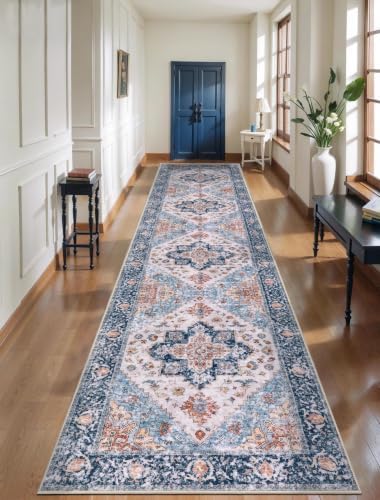 SERISSA 3x14 Washable Non Slip Boho Runner Rug for Hallway，Blue Orange by SERISSAHomeDecorCollection