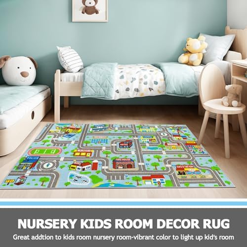 Capslpad Sky Blue Car Road Kid Rug Carpet Playmat for Playoom Traffic Road Kids Play Mat for Toddler Non Slip Washable City Map Race Track Carpet Rug for Kids Room Bedroom Nursery Room Decor,5.2'x3.3' - Image 6