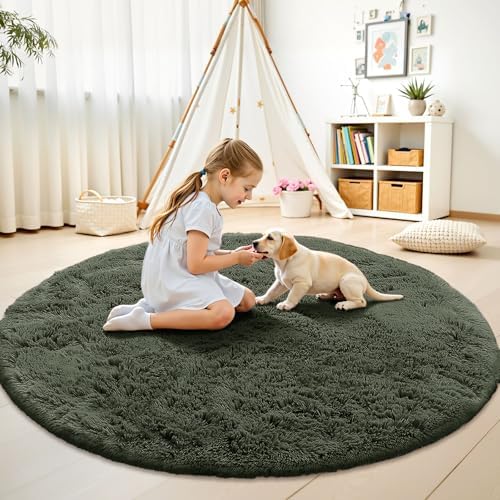 OLANLY Olive Green Round Rugs for Bedroom - Machine Washable, 8 ft Circle Area Rugs for Living Room, Soft and Fluffy Shaggy Carpet for Teen Girl and Boys, Nursery Rooms, Dorms, Home Decor Aesthetic - Image 2