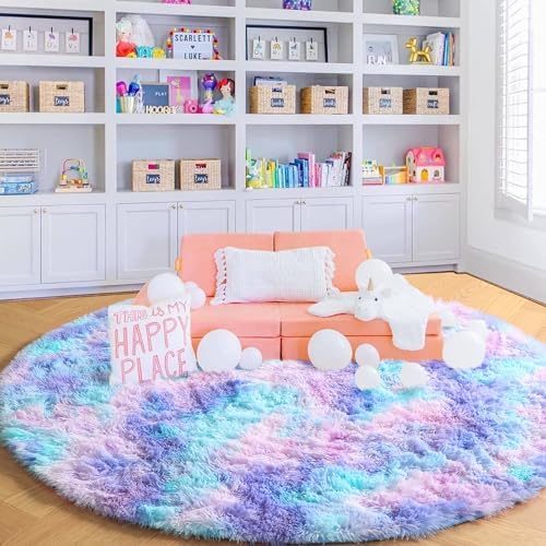 Amdrebio Purple Rainbow Mermaid Small Circle Rug 3Ft for Girls Kids Bedroom - Image 5
