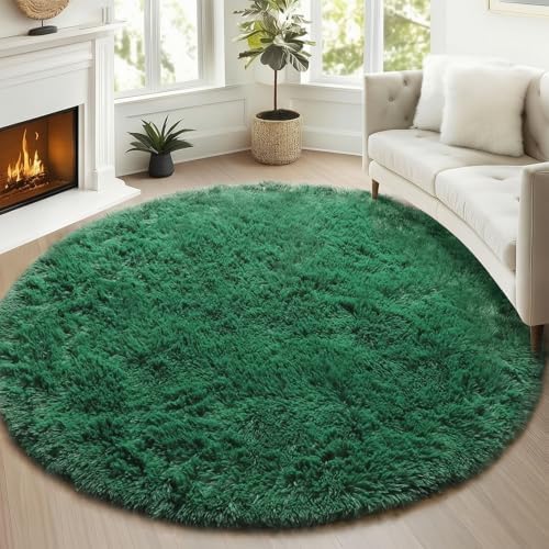Dark Green Fluffy Round Rug Circle Area Rugs 4ft for Kids Teen Bedroom - Image 5