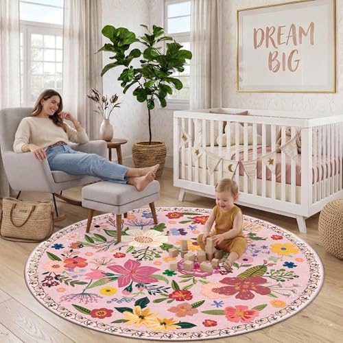 6ft Pink Round Area Rug for Girl Bedroom Washable Cute Circle Rug - Image 4