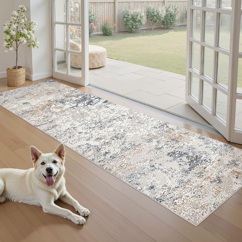 DMOYEST Washable Runner Rug for Hallway: 2.6x8 Neutral Modern Abstract Low Pile Area Rug with Non-Slip Backing - Carpet for Bedroom Kitchen Laundry Entryway Bathroom Indoor - Beige Blue - Image 5