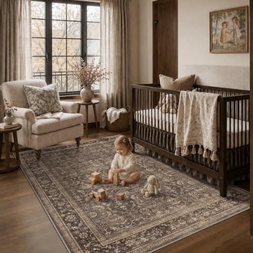 JOOJA 4x6 Brown Vintage Boho Washable Area Rug, Non Slip Indoor Soft Rug - Image 2