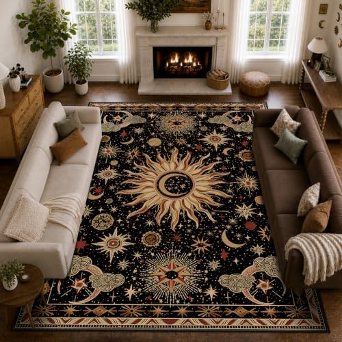 Vacuum-Friendly, 10x14 Washable Area Rug, Black Gold Beige Red by meejou