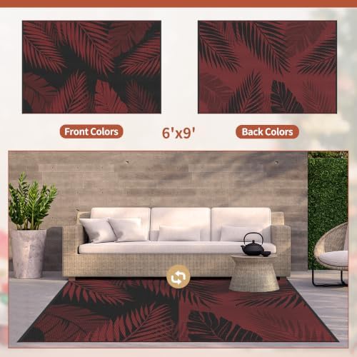 GENIMO Outdoor Rug, Waterproof Plastic Rugs for Patio, 6'x9' Red Black - Image 2