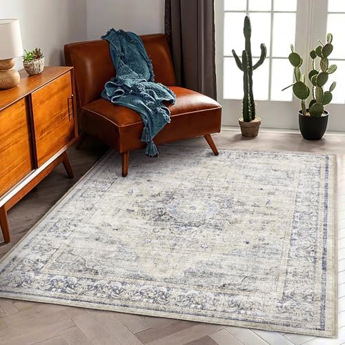 CHAMPLANT Area Rug 6'x9' Washable Floral Blue Vintage Traditional Floor Cover Thin Retro Kitchen Indoor Distressed Non Slip Carpet for Living Room Bedroom Dining Room - Image 2