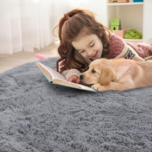 OLANLY Light Grey Round Rugs for Bedroom - Machine Washable, 5 ft Circle Area Rugs for Living Room, Soft and Fluffy Shaggy Carpet for Teen Girls and Boys, Nursery Rooms, Dorms, Home Decor Aesthetic - Image 5