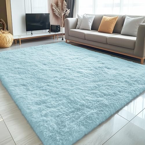 OLANLY 5x7 Machine Washable Large Area Rugs for Living Room, Bedroom, Soft Fluffy Shaggy Bedside Rug, Indoor Floor Carpet for Kids Girls and Boys, Dorms, Nursery, Home Decor Aesthetic, Light Bluey - Image 3
