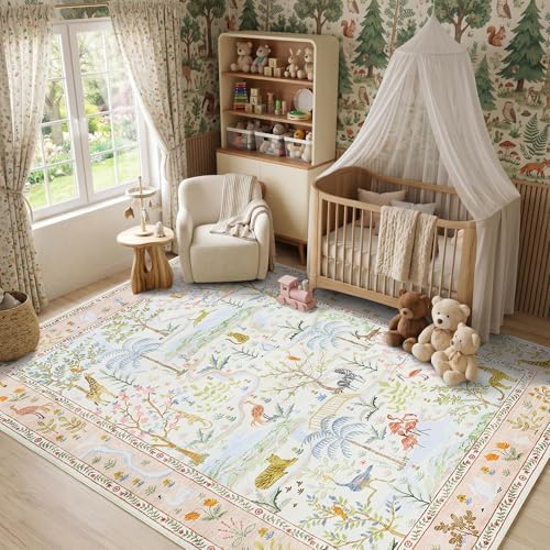4x6 Whimsical Safari Nursery Area Rug Washable Non Slip Small Living Room Rugs Low Pile Animal Print Girs Bedroom Blush Throw Carpet Forest Fairy Tale Area Rugs for Entry Kids Room, Peach Blush by Garvee