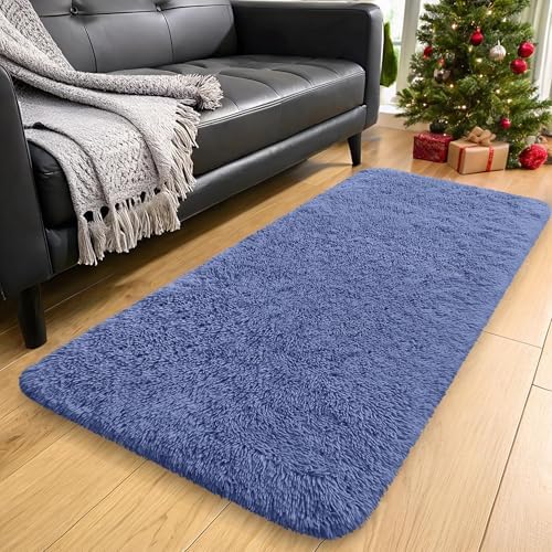 OLANLY 2x5 Machine Washable Runner Rugs for Hallway, Soft Fluffy Shaggy Bedside Rugs for Bedroom, Living Room, Indoor Floor Carpet for Kids Girls and Boys, Home Decor Aesthetic, Denim Blue - Image 3