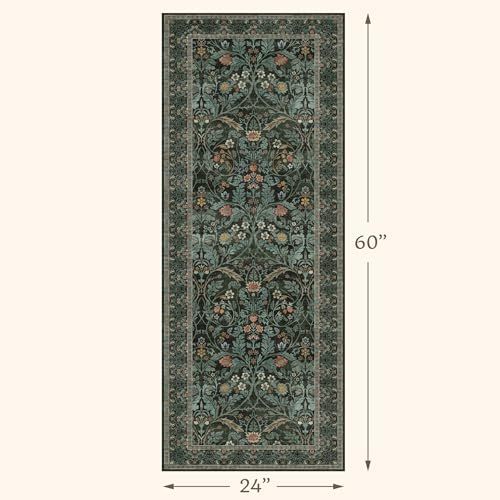 2x5 Runner Rug Non Slip Washable - Small Bathroom Runner Rug Non Slip, Dark Green Floral Pattern Soft Carpet Runner for Entryway Kitchen Bedroom Bedside, Waterproof Mats for Laundry (Olive Green) - Image 2