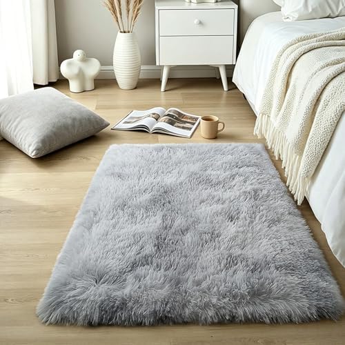 Tie-Dye Light Grey Shag Rug, 2'x3', Washable Non Slip Fluffy Kids Carpet by KICHOWUA