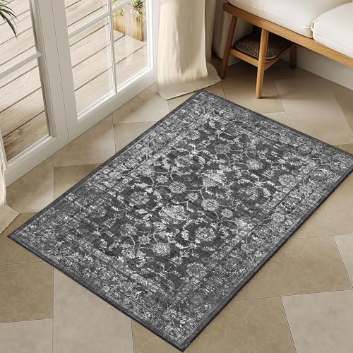 2x3 Washable Entryway Area Rug Non-Slip Distressed Black Door Mat by HOME