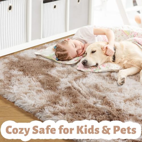 Amdrebio Beige Tan Furry Plush Area Rug 5x7 for Bedroom Living Room Nursery - Image 2