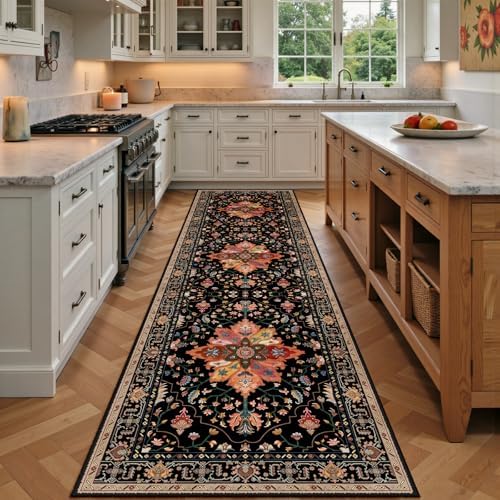 RELEANY Washable Area Rug, Runner 2'x7', Black/Colorful by RELEANY