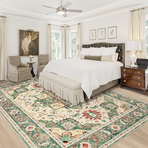 Area Rug 8x10 Washable Rug, Vintage Boho Medallion Rugs Non-Slip Soft Low Pile Large Distressed Rug Indoor Retro Carpet for Living Room Bedroom Dining Room Home Office (Green Beige, 8'x10') - Image 2
