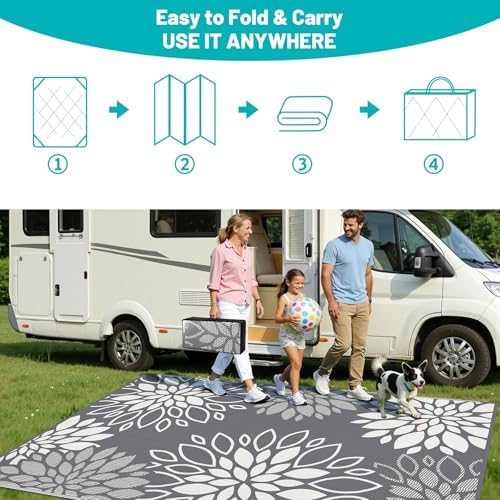 HEBE Waterproof Outdoor Rug 9'x12', Floral Reversible Plastic Patio Rug - Image 6