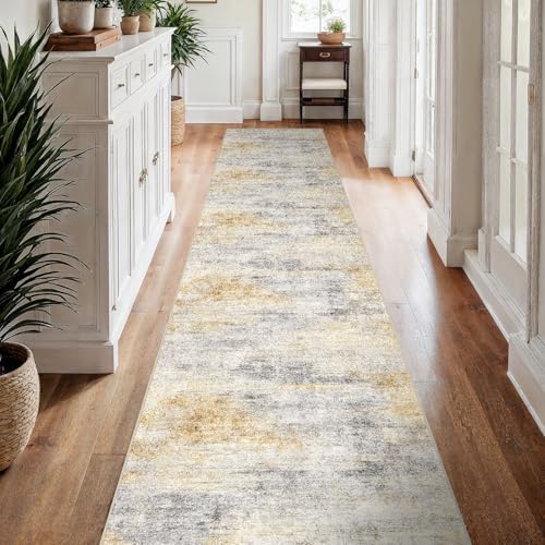 3x15 Runner Rug Washable Abstract: Non Slip Hallway Floor Mat Grey/Yellow - Image 7