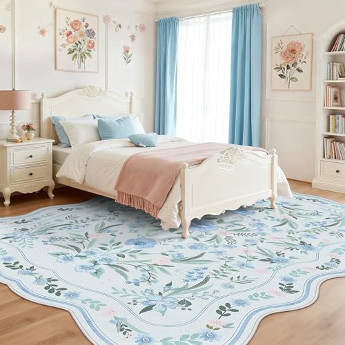 Scalloped Blue Floral Rug 6x9, Washable Soft Faux Wool Area Rug for Living Room, Cute Boho Non-Slip Carpet for Kids Room, Nursery, Bedroom or Office - Image 2