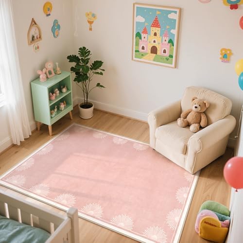 Hedlive Modern 3x5 Pink Rugs for Bedroom Girls,Ultra Thin Nursery Rug for Girls Room, Sun Printed Non Slip Washable Area Rug,Soft Non Shedding Throw Carpet for Playroom Classroom(3'x5',Pink) - Image 6