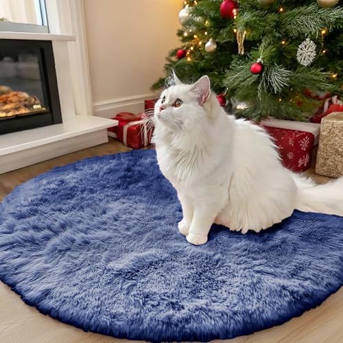 OLANLY Denim Blue Round Rugs for Bedroom - Machine Washable, 3 ft Circle Area Rugs for Living Room, Soft and Fluffy Shaggy Carpet for Teen Girl and Boys, Nursery Rooms, Dorms, Home Decor Aesthetic by OLANLY