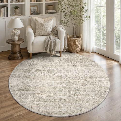 JOOJA 4x4 Beige Vintage Soft Low Pile Washable Boho Small Round Kitchen Rug - Image 2