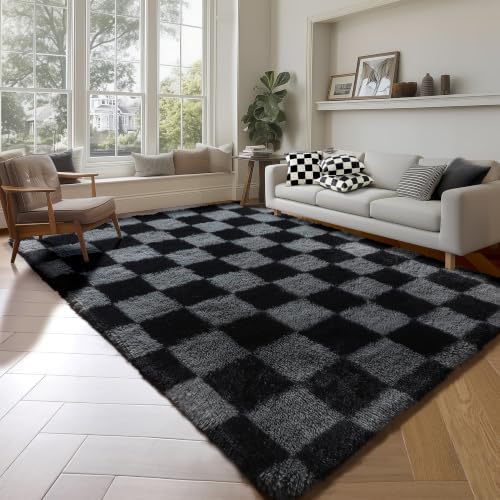 KICMOR Rugs for Living Room 5x7 Black and Grey, Soft Fluffy Checkered Shag Area Rug Furry Shaggy Floor Carpets for Bedroom, Indoor Fuzzy Plush Rug for Teen Kids Boys Girls Room Nursery Home Decor by KICMOR