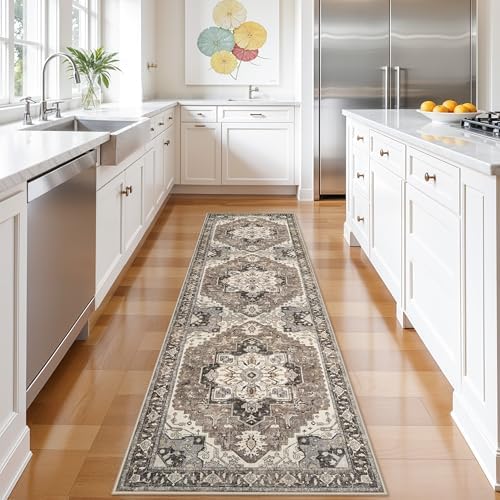 2x8 Washable Hallway Runner Rug - Non-Slip Kitchen Rugs Low Pile Entryway Runners Vintage Soft Carpet Thin Lightweight Indoor Home Decor Floor Mat for Bathroom Laundry Room Bedroom(Beige,2x8) by RUUGME