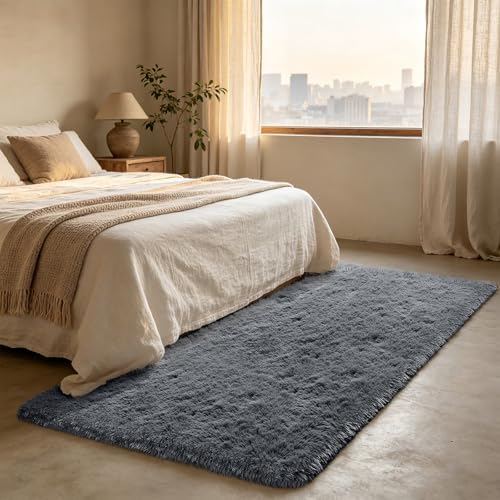 Shag Runner Rug for Bedroom Living Room 3x7 Upgrade Non-Slip Fluffy Soft Bedside Rugs,Grey Shaggy Gray Carpet for Livingroom Dorm Home Decor Aesthetic - Image 3