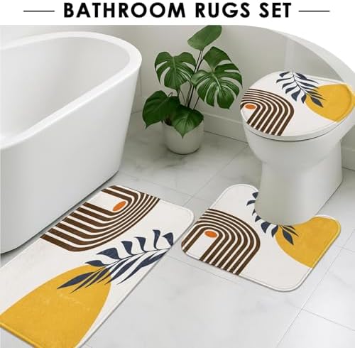 Bathroom Sets with Shower Curtain and Rugs Set of 4 Boho Midcentury - Image 5