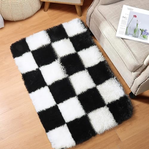 KICMOR Small Rug for Bedroom, 2x3 Fluffy Soft Black and White Checkered Rug Fuzzy Shaggy Bedside Carpet, Indoor Furry Plush Small Throw Rug for Living Room Nursery Kids Girls Boys Room Home Decor - Image 3