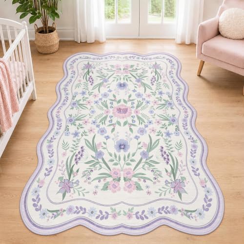 Scalloped Floral Rug 3x5, Purple Lavender Washable Rug for Girls Room - Image 3