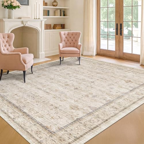 Washable Cream Rug 4x6 for Office, Bedroom, Non Slip Rugs for Kitchen, Mudroom, Low Pile Neutral Farmhouse Retro Small Living Room Carpet by HazoHaus