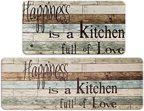 FRESHMINT Farmhouse Kitchen Mats Sets 2 Piece Cushioned Comfort Mat for Home & Office Ergonomically Engineered Memory Foam Kitchen Rug Waterproof Non-Skid, 30" by 17" + 47" by 17",Happiness by FRESHMINT