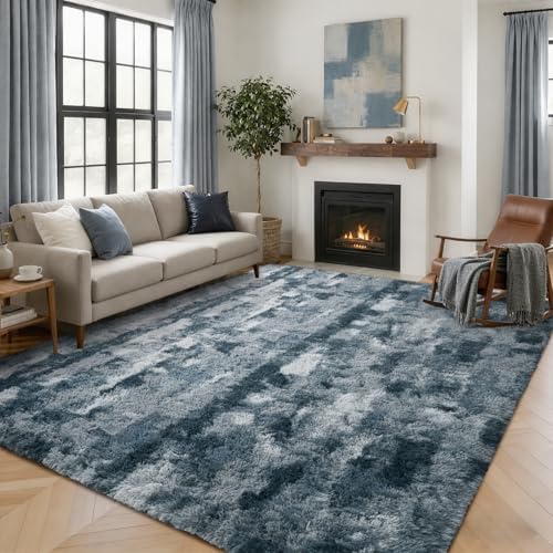 Area Rugs for Living Room 6x9 Feet, Soft Fluffy Shagg Plush Bedroom Rug Non-Slip,Large Carpet for Nursery Kids Dorm Home Decor Grey and Blue by Lo%CC%80utiRootHome