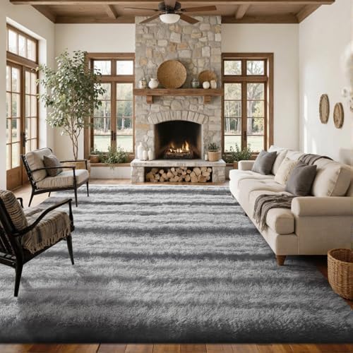 Area Rugs for Living Room 8x10 Feet, Soft Fluffy Shagg Plush Bedroom Rug Non-Slip,Large Carpet for Nursery Kids Dorm Home Decor Grey White Stripe - Image 2