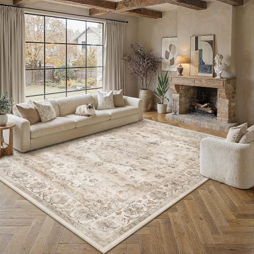 PureCozy Beige Area Rug 10x12 Living Room Vintage Floral Non-Slip Carpet - Image 2