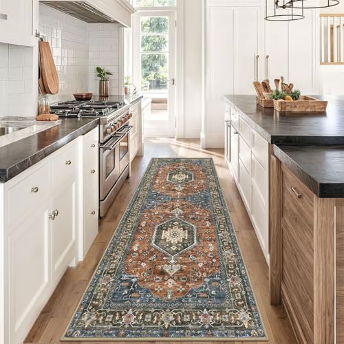 KUTA Vintage Washable Kitchen Runner 3x8 Washable Hallway Runner Brick Red - Image 2