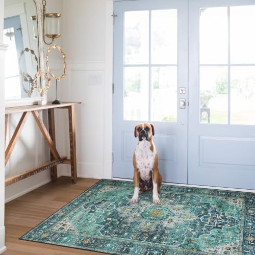 Moynesa Ultra-Thin Washable Vintage Area Rug - 3x5 Boho Entry Throw Rug Non-Slip Oriental Medallion Bedroom Mat Non-Shedding Indoor Floor Carpet for Living Laundry Room, Teal/Mutil - Image 5