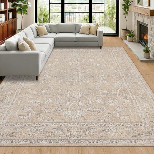 RCTJHOME 8x10 Beige Grey Vintage Floral Washable Area Rug Non-Slip Carpet - Image 2