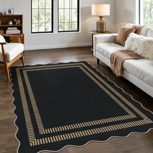 Scalloped Modern Easy Jute Carpet, 4x6 Outdoor Patio Washable Area Rug, Indoor Black Kitchen Rugs Farmhouse Neutral Non Slip Rug for Living Room Patio Entryway by LORWER