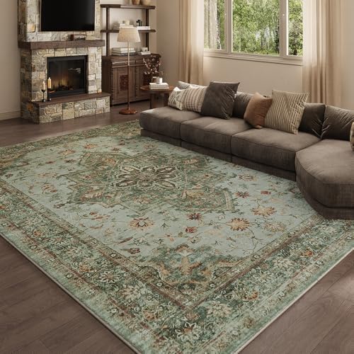 9x12 Green Washable Area Rug for Living Room, Vintage Print by Unknown