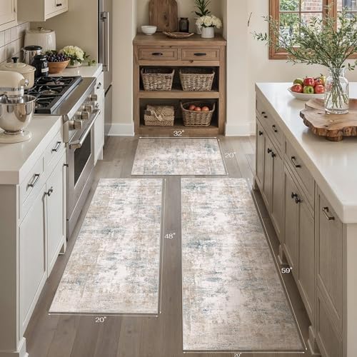 Washable Beige Blue Neutral Kitchen Runner Rug Set of 3 - Image 5